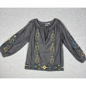 Ivy Jane Womens Gray Aztec Embroidered Yellow Teal Relaxed Blouse Top Size Large